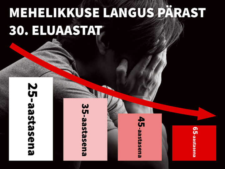 Natural Pharmaceuticals ProMan® Plus Graafik, mis näitab mehelikkuse vähenemist pärast 30. eluaastat. Neli värvi tulbad tähistavad järgmisi vanuserühmi: 25, 35, 45 ja 65 aastat. Punane nool näitab langustrendi.