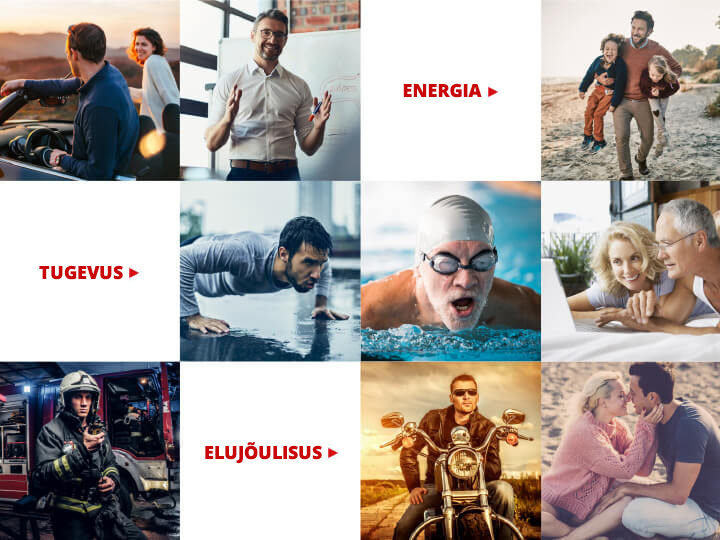 Natural Pharmaceuticals ProMan® Plus Fotokollaaž, mis kujutab aktiivseid ja õnnelikke mehi erinevates elusituatsioonides. Pildi keskel on eesti keeles sõnad: „ENERGIA”, „TUGEVUS”, „ELUJÕULISUS”.