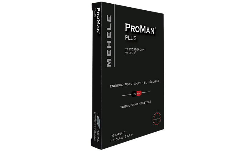 Natural Pharmaceuticals ProMan® Plus ProMan Plus meeste toidulisandi must pakend heledal taustal valge kirjaga „ProMan Plus“, „Testosterooni valvur“, „energia - vormisolek - elujõulisus“.