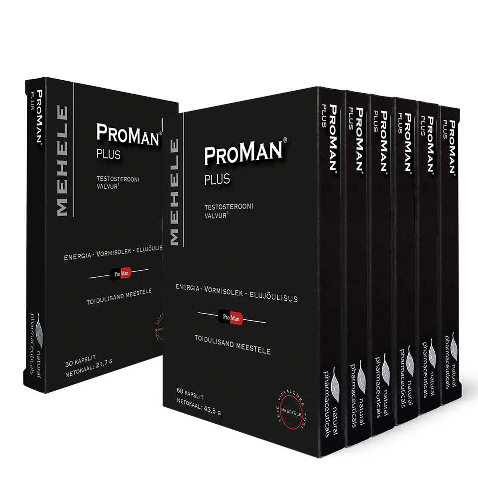 Natural Pharmaceuticals ProMan® Plus toidulisandite komplekt: üks pakend 30 kapslit ja kuus pakendit 60 kapslit.