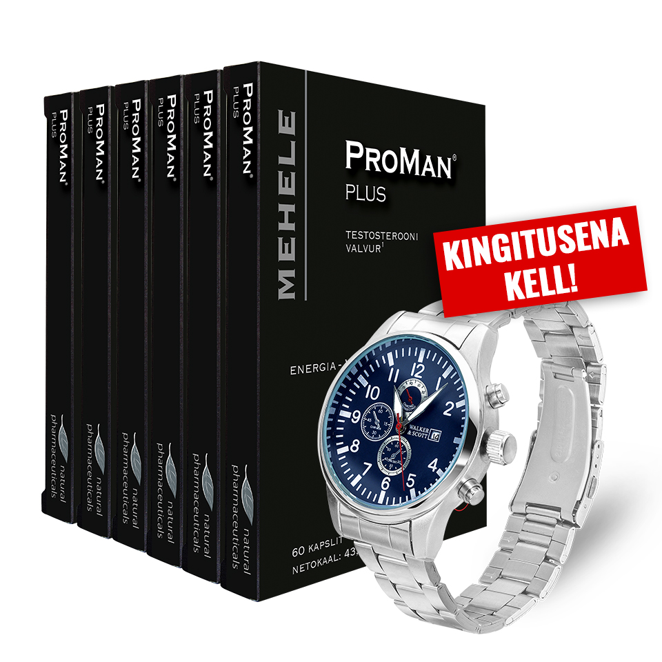 Natural Pharmaceuticals ProMan® Plus Kuue pakendi komplekt ProMan Plus toidulisandit meestele, üks pakend on nähtav esiküljel ja sinise numbriga hõbedane käekell. Punasel taustal kiri: „KINGITUSENA KELL!“