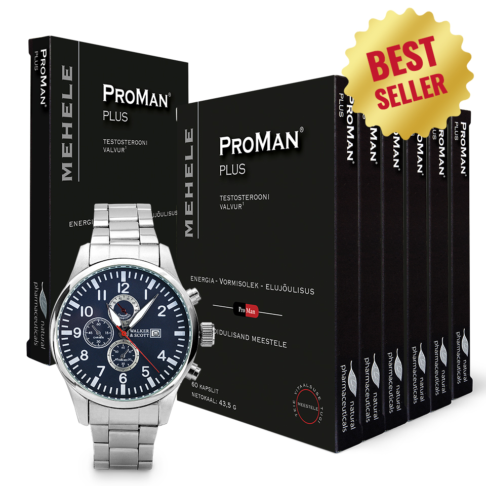 Natural Pharmaceuticals ProMan® Plus Toidulisandite komplekt ProMan Plus – üks pakend 30 kapslit (netomass 21,7 g) ja kuus pakendit 60 kapslit (netomass 43,5 g); nähtav hõbedane Walker & Scott meeste käekell sinise kellataustaga ja kollase sildiga „Best Seller”.