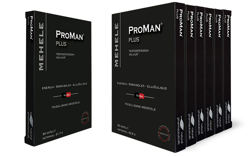 Natural Pharmaceuticals ProMan® Plus Kaks komplekti ProMan Plus'i lisapakendeid. Vasakul üks pakend, paremal kuuest pakendist koosnev komplekt. Must graafiline kujundus valge kirjaga: „ProMan Plus“, „Testosterooni valvur“, „Energy - Vormisolek - Elujõulisus“.