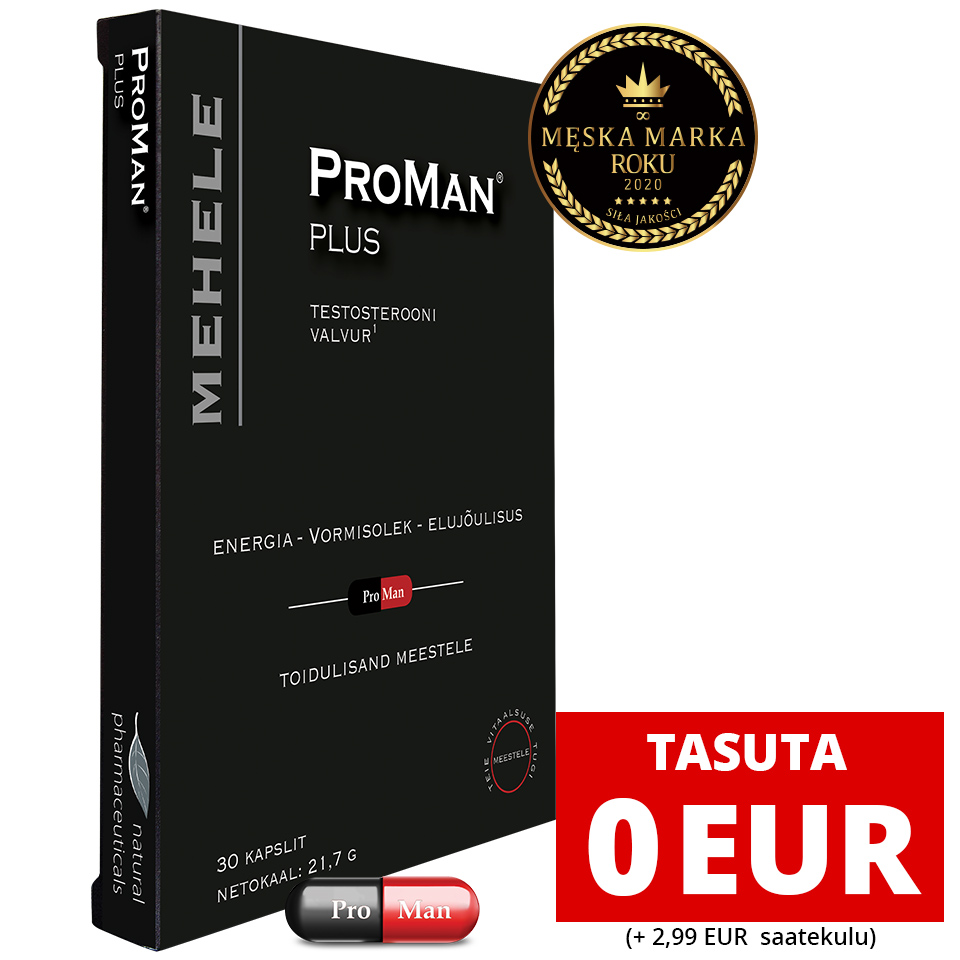 Natural Pharmaceuticals ProMan® Plus ProMan® Plus toidulisandi pakend meestele koos kapsliga ja kirjaga „TASUTA 0 EUR (+ 2,99 EUR saatekulu)“. Paremas ülemises nurgas kuldne auhind „Aasta meestemärk 2020“.