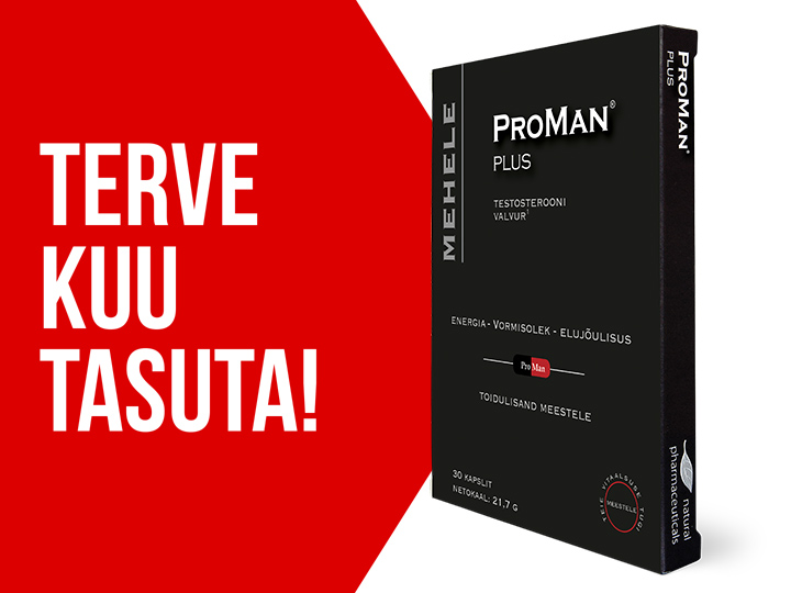 Natural Pharmaceuticals ProMan® Plus ProMan® Plus toidulisandi pakend meestele koos kapsliga ja kirjaga „TASUTA 0 EUR (+ 2,99 EUR saatekulu)“. Paremas ülemises nurgas kuldne auhind „Aasta meestemärk 2020“.
