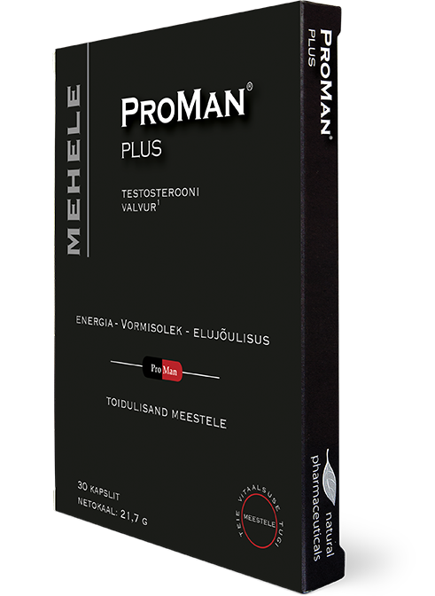 Natural Pharmaceuticals ProMan® Plus ProMan Plus meeste toidulisandi must pakend heledal taustal valge kirjaga „ProMan Plus“, „Testosteroni valvur“, „energia - vormisõlek - elujõulisus“.